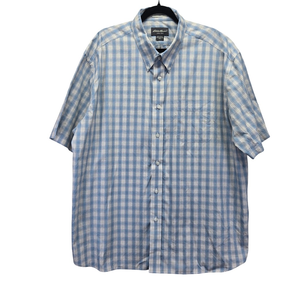 Eddie Bauer Mens XXL Blue Plaid Short Sleeve Wrinkle Resistant Cotton Shirt Work